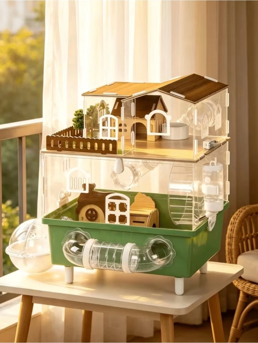 2-Level Hamster Cage with Clear Walls, Tunnels, Wheel & Accessories